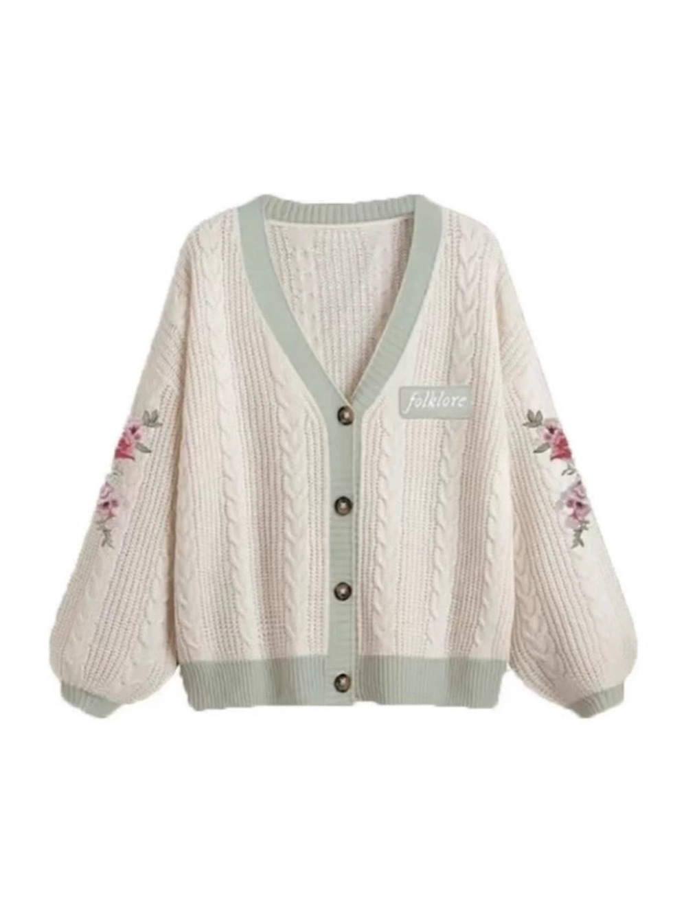 ZARA Leaf Embroidered Lantern Sleeve Loose Casual Knit Cardigan Sweater